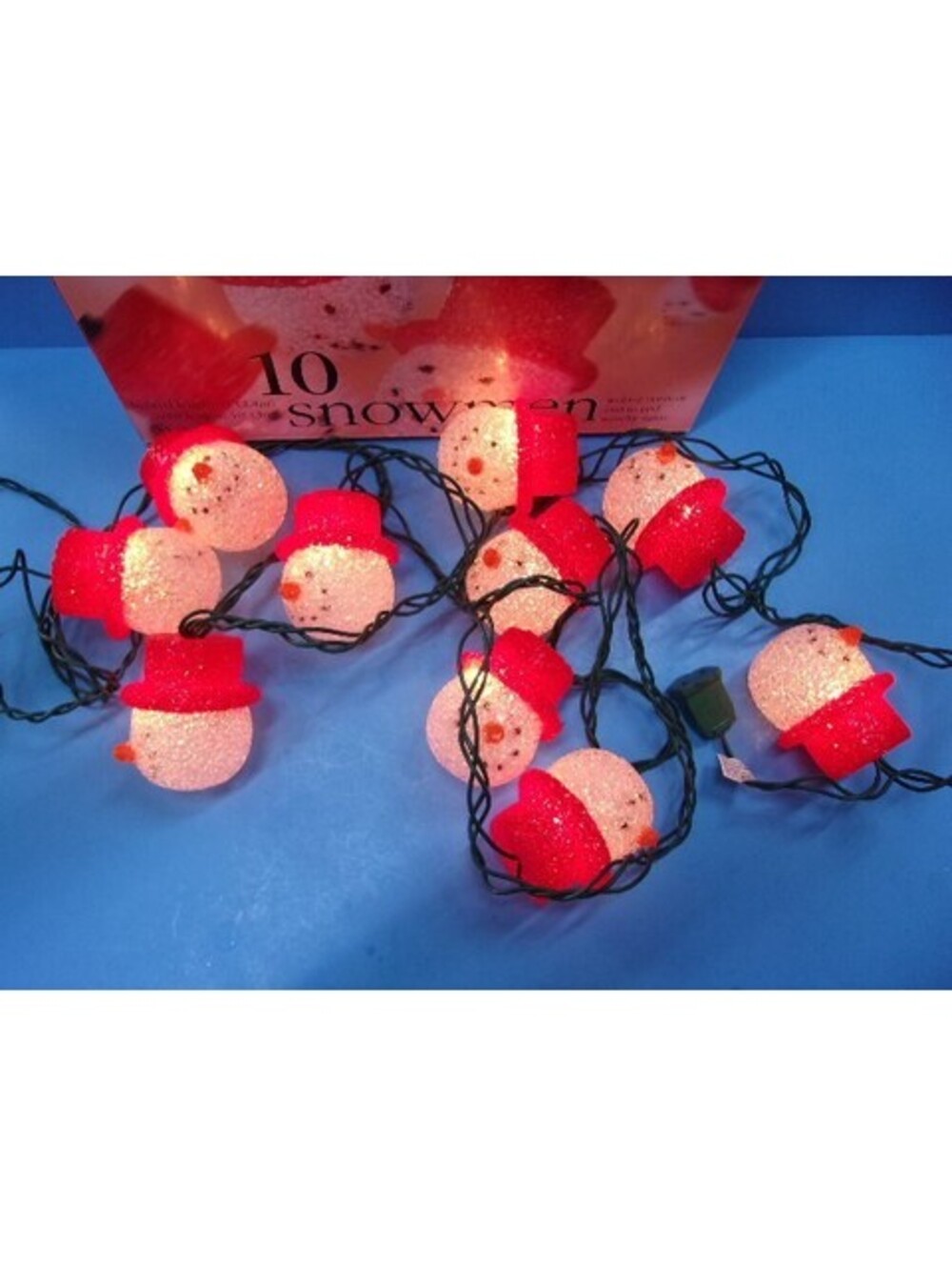 Vintage Set of 10 Snowmen Christmas Novelty Light String Soft Melted Popcorn IOB